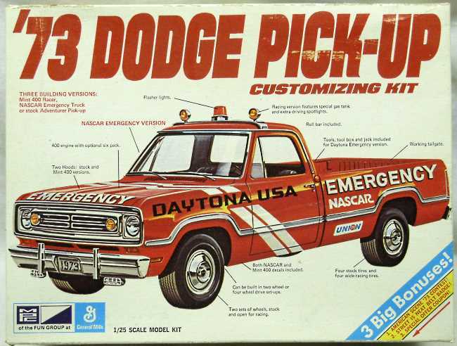 MPC 1/25 1973 Dodge Pickup Truck Customizing Kit - Stock Adventurer Pick Up / Mint 400 Racer / NASCAR Emergency Truck, 1-7309 plastic model kit